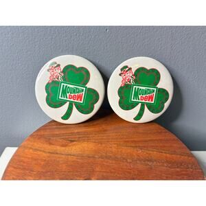 Vintage Mountain Dew Shamrock Pinback Buttons Pair Advertising